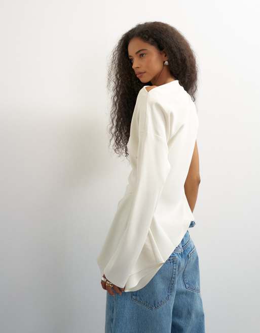 Topshop one-shoulder long sleeve draped top in ecru, 4 of 4