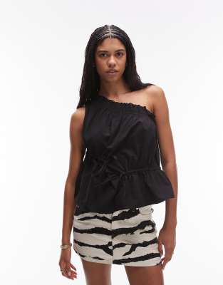 Topshop – One-Shoulder-Oberteil in Schwarz mit Raffungen - view 1