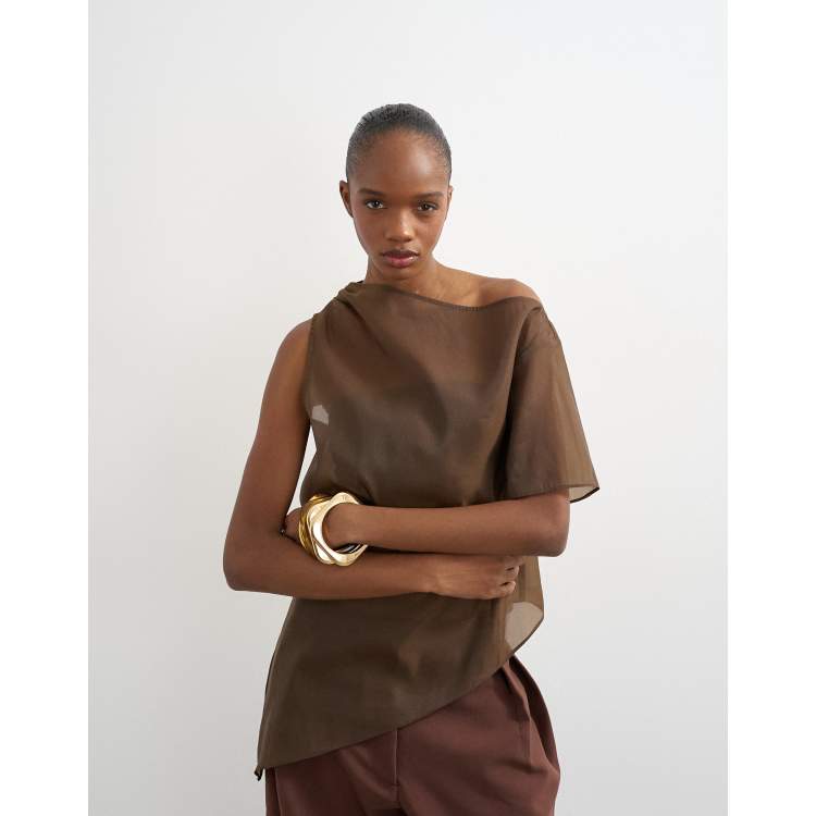 Topshop one shoulder organza top in chocolate | ASOS