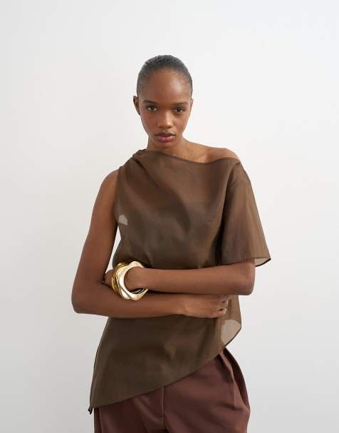 Topshop one shoulder organza top in chocolate