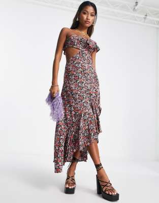 Topshop One Shoulder Ruffle Midi Dress With Cut Out Side-multi