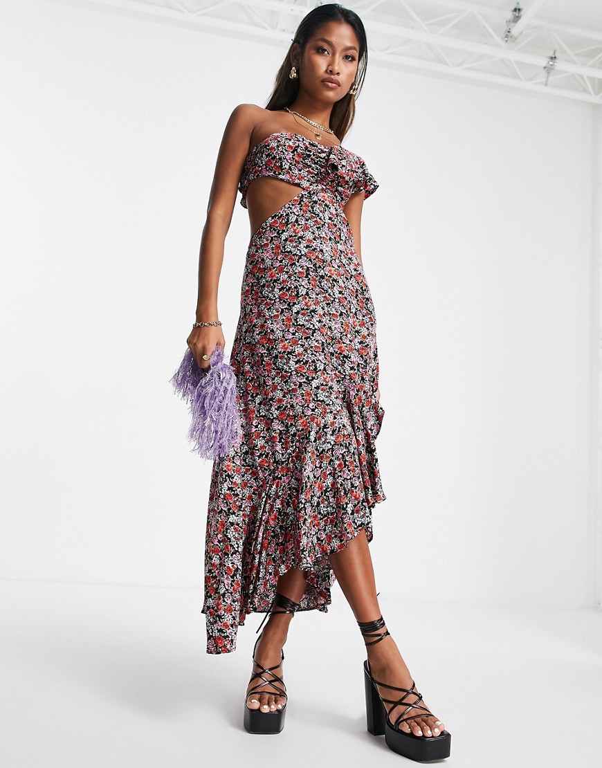 Topshop One Shoulder Ruffle Midi Dress With Cut Out Side-multi