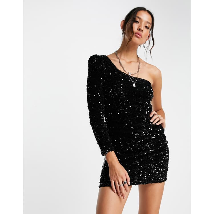 Plus Size Sequins Dresses Black One Shoulder Long Sleeve Velvet