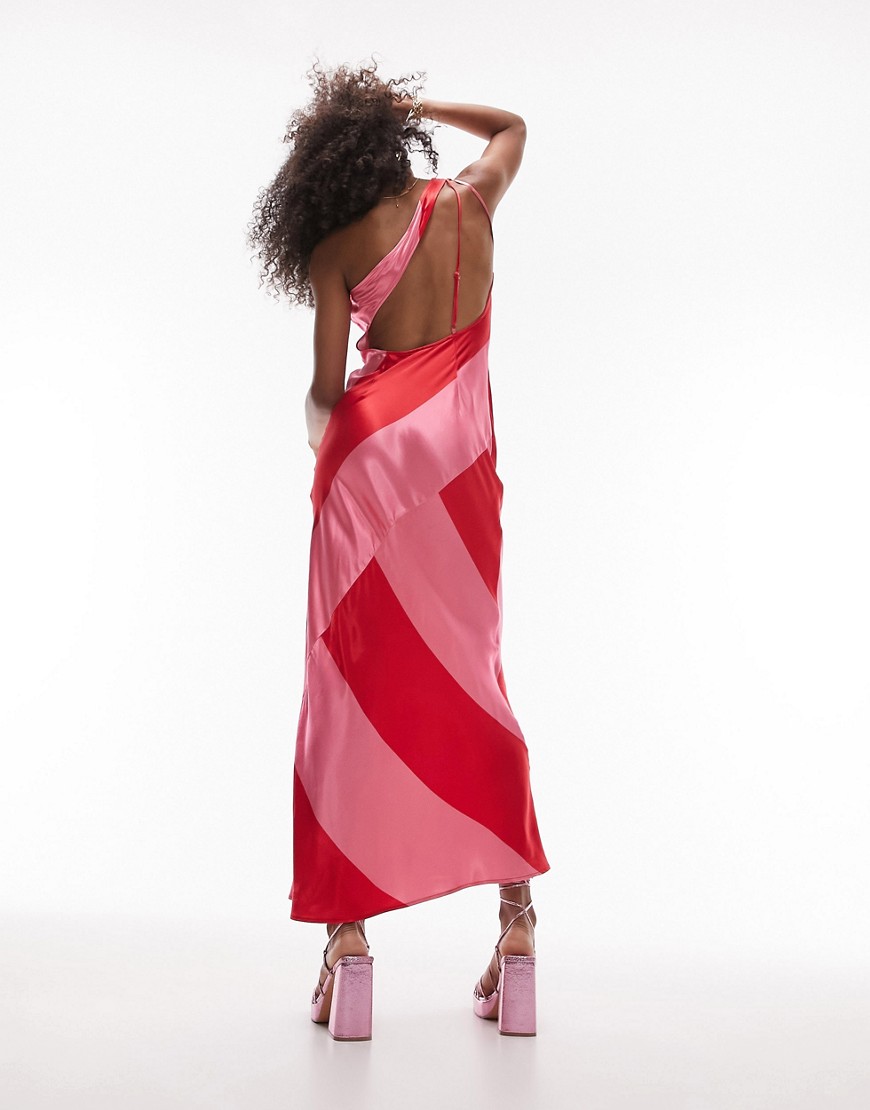 Topshop one shoulder stripe satin midi dress in red and pink