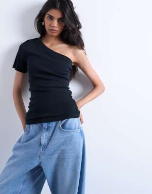 Topshop One Shoulder Tee In Black