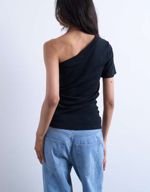 Topshop one shoulder tee in black