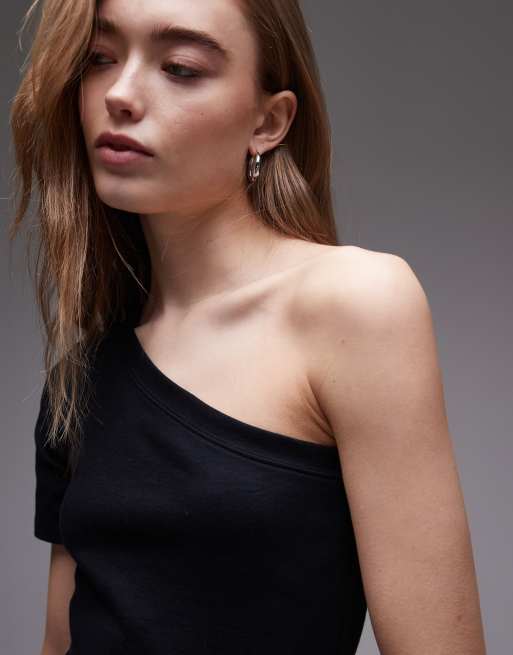 Topshop one shoulder tee in black