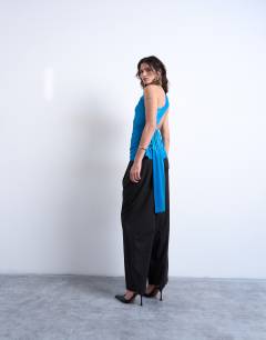 Model wearing One shoulder top with drape back in blue