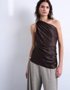 One shoulder top with drape back in chocolate
