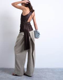 Model wearing One shoulder top with drape back in chocolate
