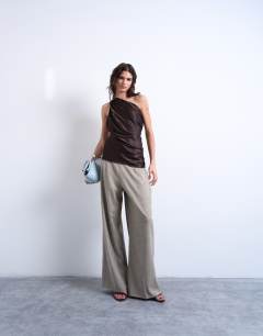Model wearing One shoulder top with drape back in chocolate