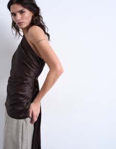 Model wearing One shoulder top with drape back in chocolate