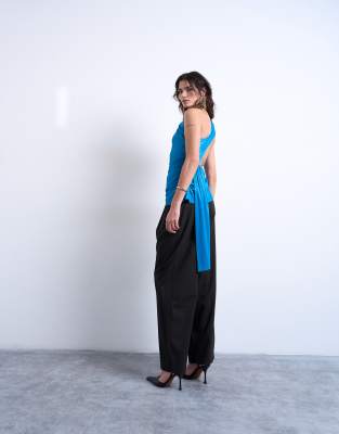 Topshop One Shoulder Top With Draped Back In Blue