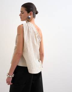 Model wearing One shoulder woven stripe top in mono