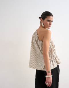 Model wearing One shoulder woven stripe top in mono