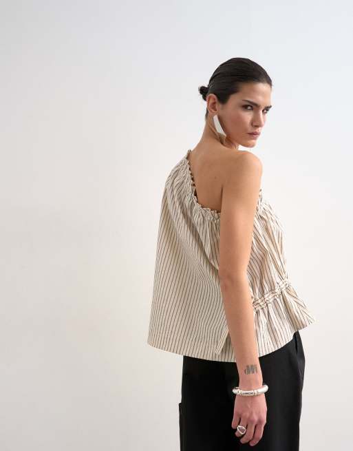 Topshop one shoulder woven stripe top in mono, 12 of 14