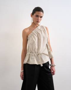 Model wearing One shoulder woven stripe top in mono