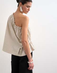 Model wearing One shoulder woven stripe top in mono