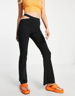 Topshop One Side Cut Out Bengaline Flared Pants In Black