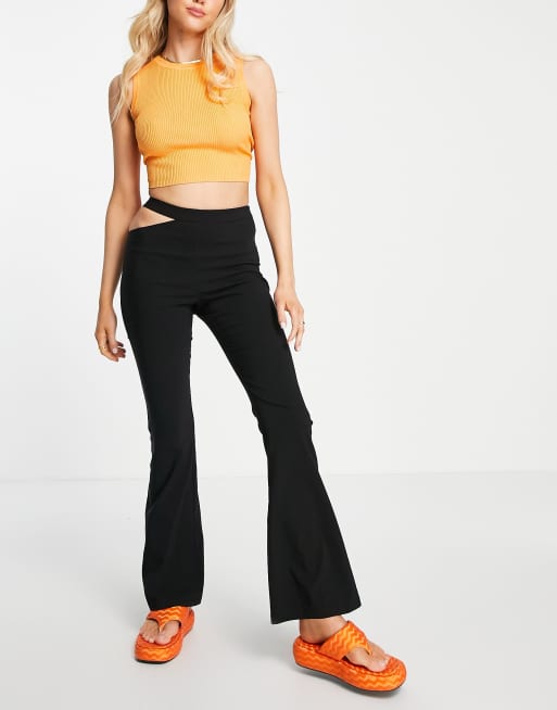 ASOS DESIGN low rise flare pants with strap detail and ruched waist in black