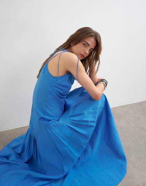 Topshop one sleeve crinkled midaxi dress with lace inserts in cornflower blue - view 1