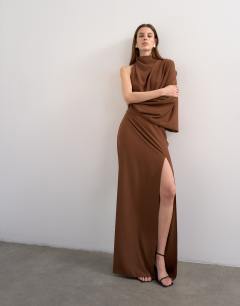 One sleeve drape maxi dress in chocolate