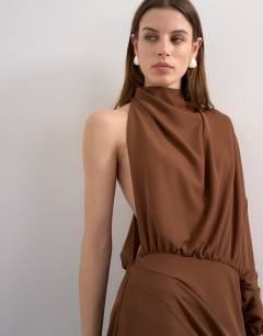 Model wearing One sleeve drape maxi dress in chocolate