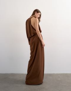 Model wearing One sleeve drape maxi dress in chocolate