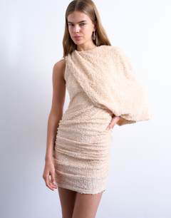 One sleeve drape sequin mini dress in oyster