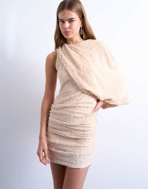 Topshop one-sleeve draped sequin mini dress in oyster - view 1