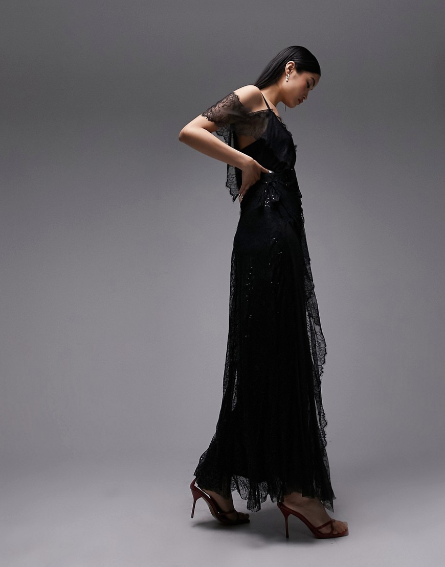 Topshop one sleeve lace embellished maxi dress in black