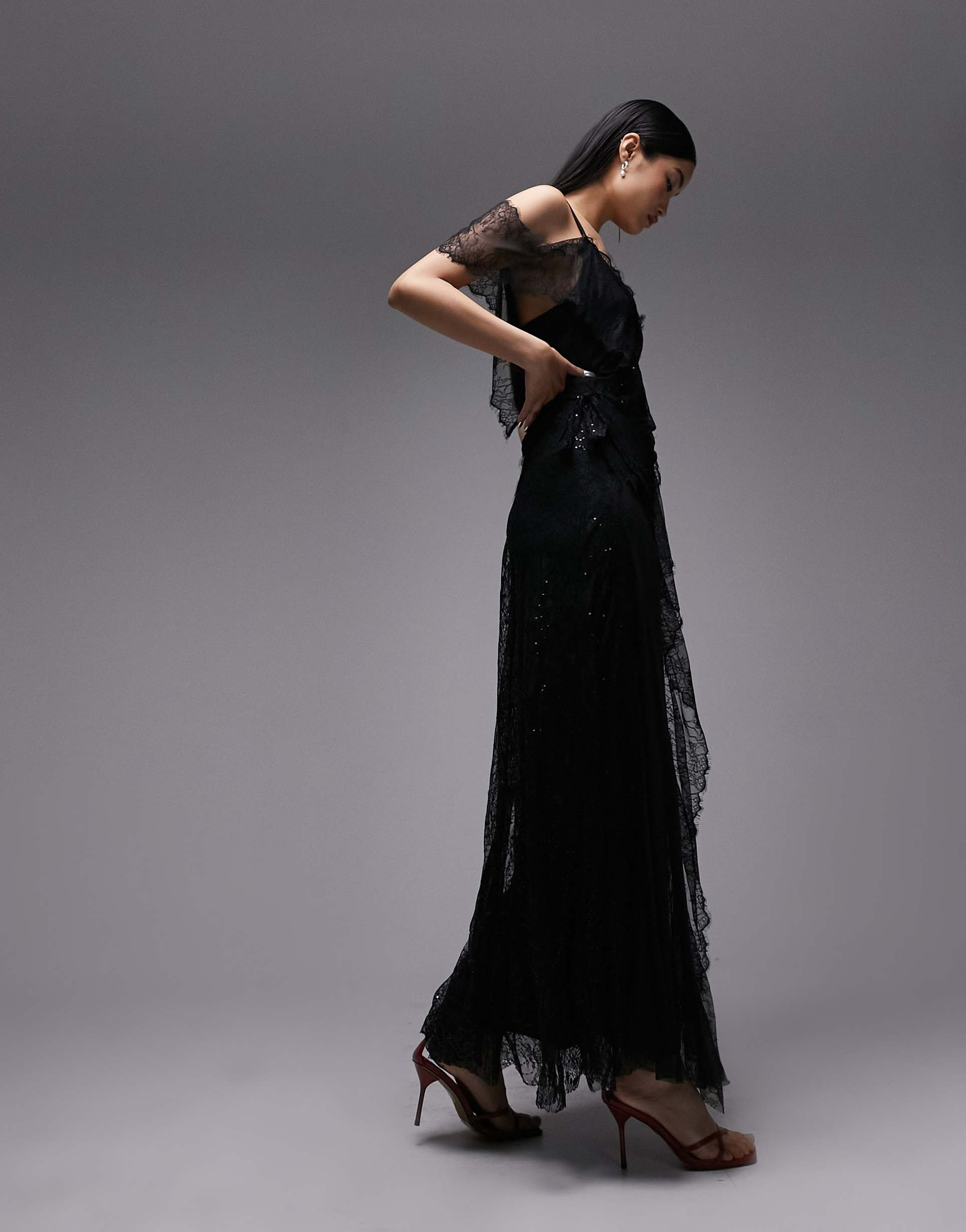 topshop one sleeve lace embellished maxi dress in black