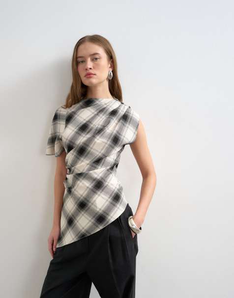 Topshop one sleeve slash neck top in check print - view 1