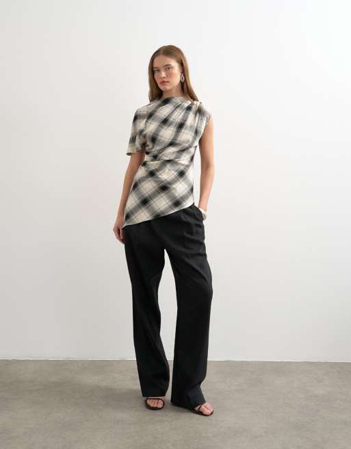 Topshop one sleeve slash neck top in check print, 2 of 4