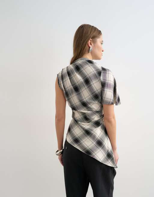 Topshop one sleeve slash neck top in check print, 4 of 4