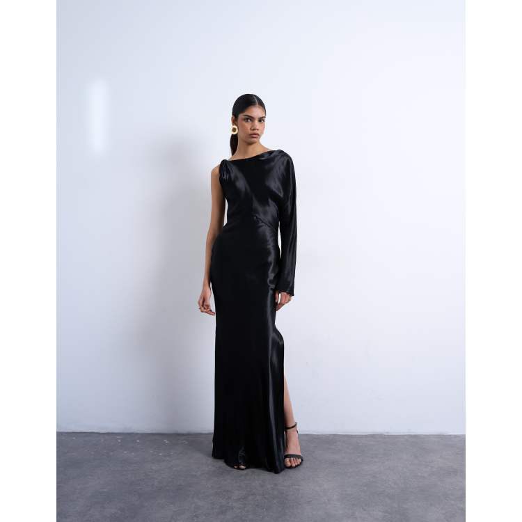 topshop black satin dress Topshop satin draped neck maxi dress with lace trim in black