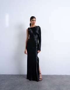 One sleeve twist strap satin maxi dress in black