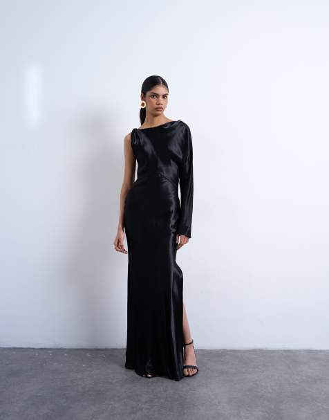 Topshop one sleeve twist strap satin maxi dress in black