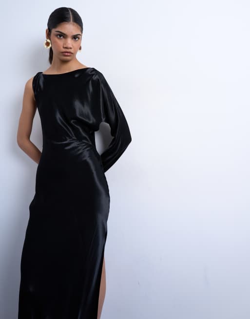Topshop one sleeve twist strap satin maxi dress in black, 3 of 4