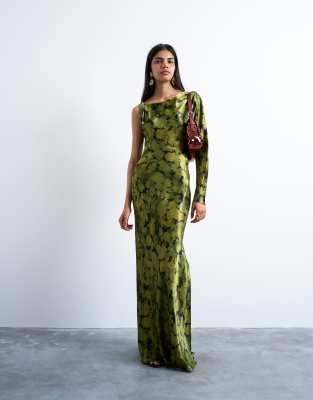 Topshop One Sleeve Twist Strap Satin Maxi Dress In Green