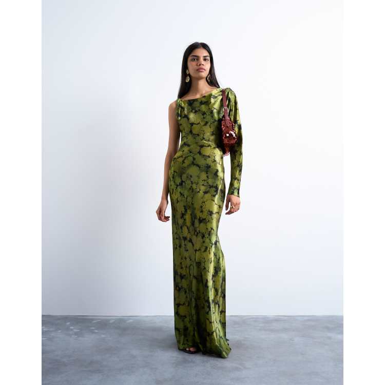 Topshop one sleeve twist strap satin maxi dress in green floral | ASOS