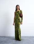 [Topshop] Topshop one sleeve twist strap satin maxi dress in green floral 8 Green floral