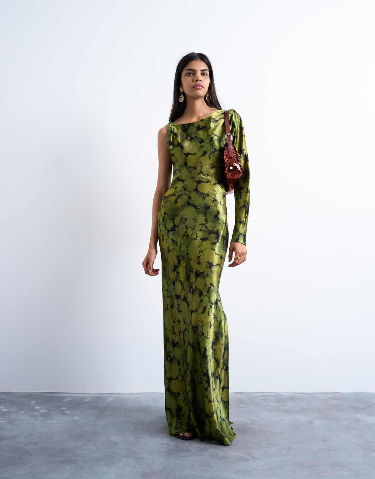 Topshop one sleeve twist strap satin maxi dress in green floral