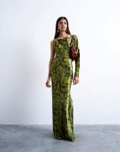 Topshop one sleeve twist strap satin maxi dress in green floral