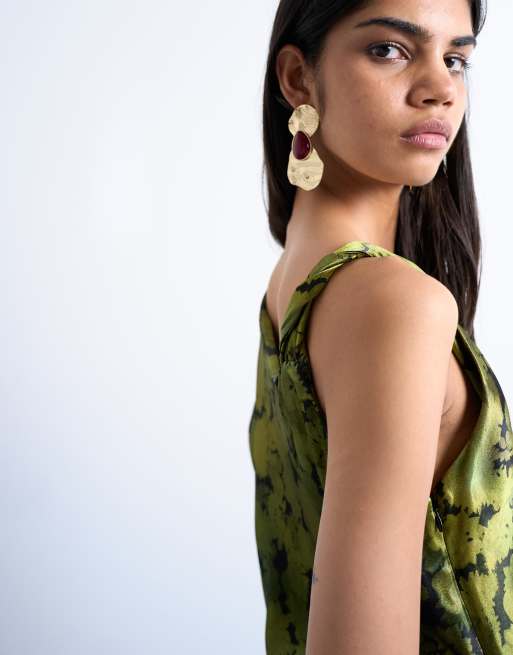 Topshop one sleeve twist strap satin maxi dress in green floral