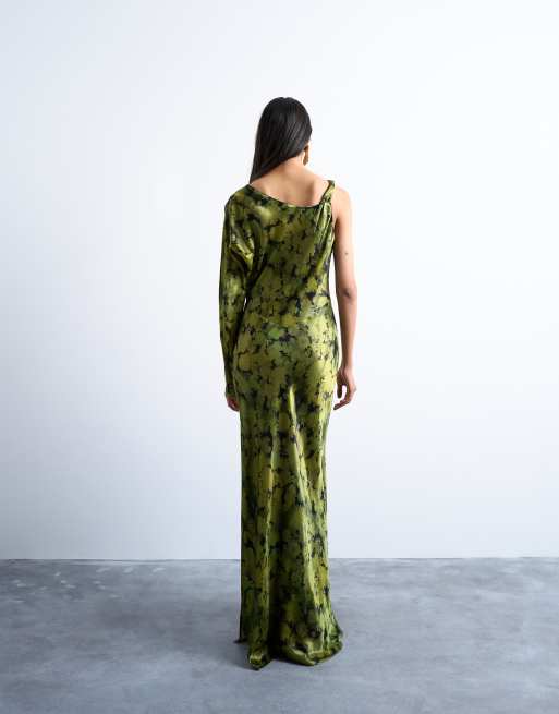 Topshop one sleeve twist strap satin maxi dress in green floral