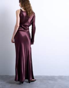Model wearing One sleeve twist strap satin maxi dress in port royale