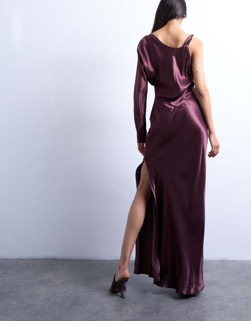 Topshop one sleeve twist strap satin maxi dress in port royale, 4 of 4