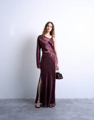 Topshop One Sleeve Twisted Strap Satin Maxi Dress In Burgundy
