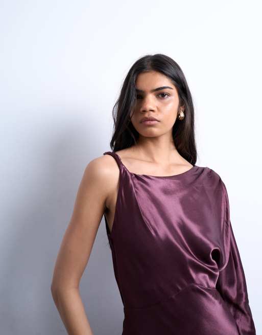 Topshop one sleeve twisted strap satin maxi dress in port royale, 3 of 4